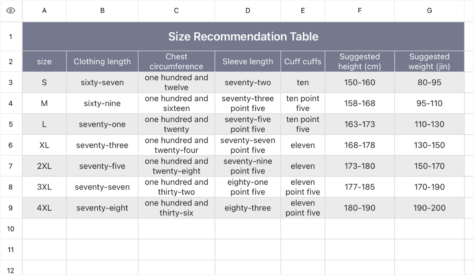 Size recommendation sheet 1